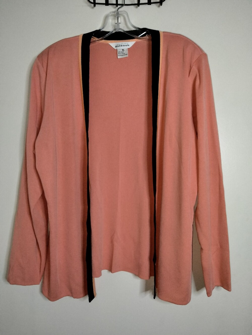 Misook (Size XL) Peach & Black Trim Stretch Open Front Knit LS Cardigan Sweater
